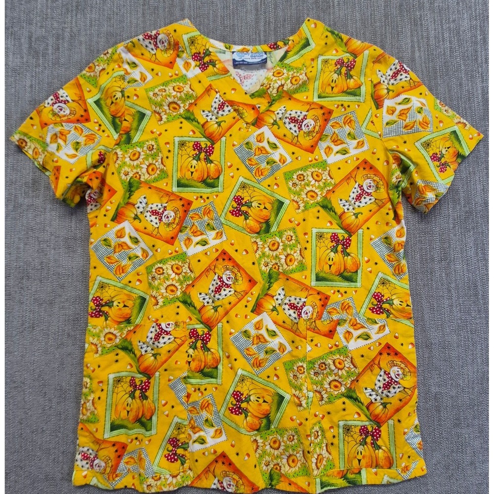 Comfy Cotton Scrubs women's LG yellow Fall Harvest scrub top 100% Cotton Pumpkin